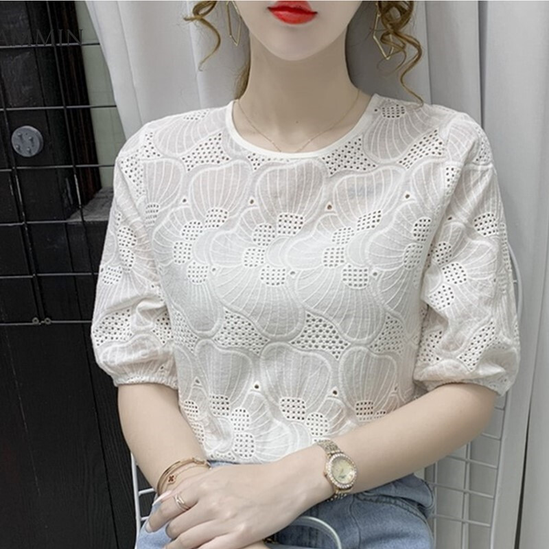 AMMIN Tops 2023 summer new style personality design embroidery crochet hollow round neck short-sleeved chiffon shirt women's puff sleeve simple fashion blouse