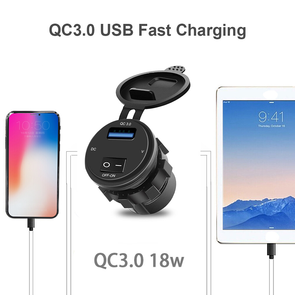 Kebidumei Quick Charge 3.0 USB Car Charger Socket Digital Display Voltmeter USB Charger Socket With ON OFF Switch For Car Motorcycle