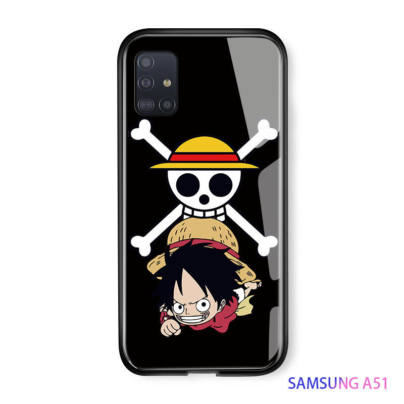 UCUC For Samsung Galaxy A51 Glass handphone Case Classic Fashion Cute Soft Edge Anime Luffy Glossy Casing Tempered Glass Shockproof Back Case Cover