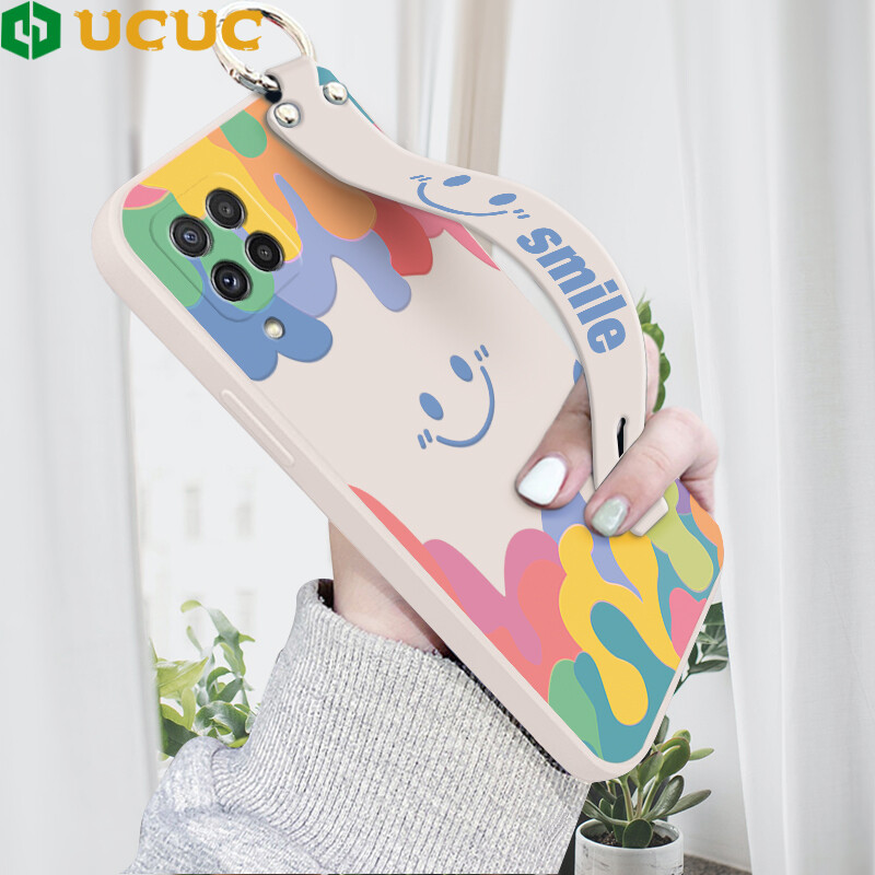 UCUC Case For Samsung Galaxy A22 Case Samsung A22 4G Casing (With Wristband) Dreamlike Cartoon Girls Smile Phone Case Square Edge Liquid Silicone Casing Full Cover Camera Shockproof Protection Cases