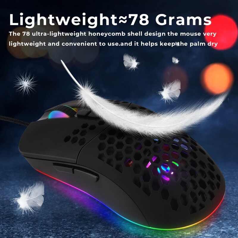 USB Wired Lightweight Gaming Mouse 5 RGB Backlit Mouse with 7 Buttons 7200DPI Honeycomb Shell Mouse for PC Laptop