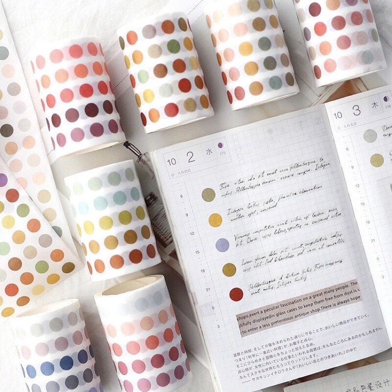 Cuộn Washi Tape Chấm Tròn Trang Trí Sổ, Nhật Ký
