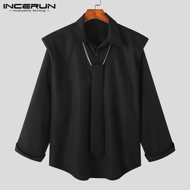 Medussa incerun mens long sleeve shirt button down solid blouse loose fit t shirt top with tie