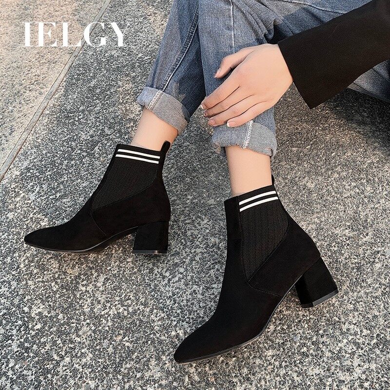 IELGY Autumn and winter students all-match women's shoes ins net red square toe high heel short boots thick heel Chelsea boots