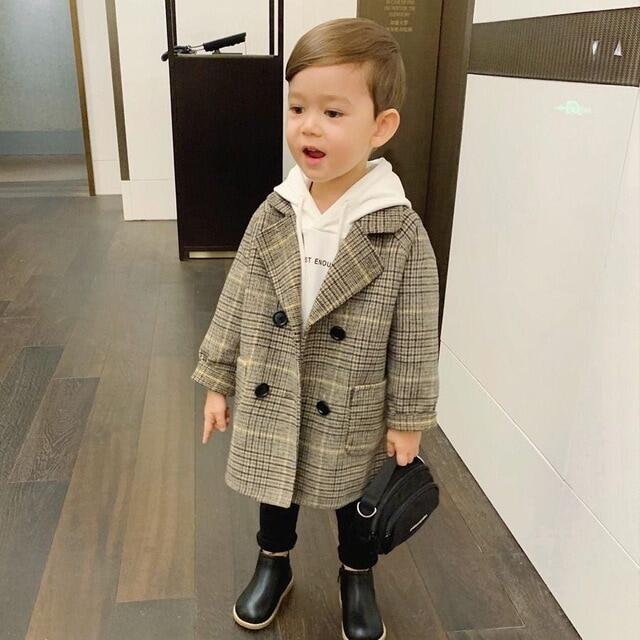 2020 Ready Stock Thicken Unisex Winter Grid Jackets Boys girls Woolen Double-breasted Baby Boy Trench Coat Lapel Kids Outerwear Coats Wool Coat Winter Overcoat