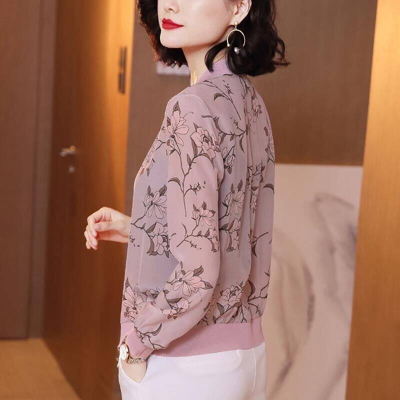 Plus Size Women Thin Chiffon Printed Jacket Casual Baseball Coat