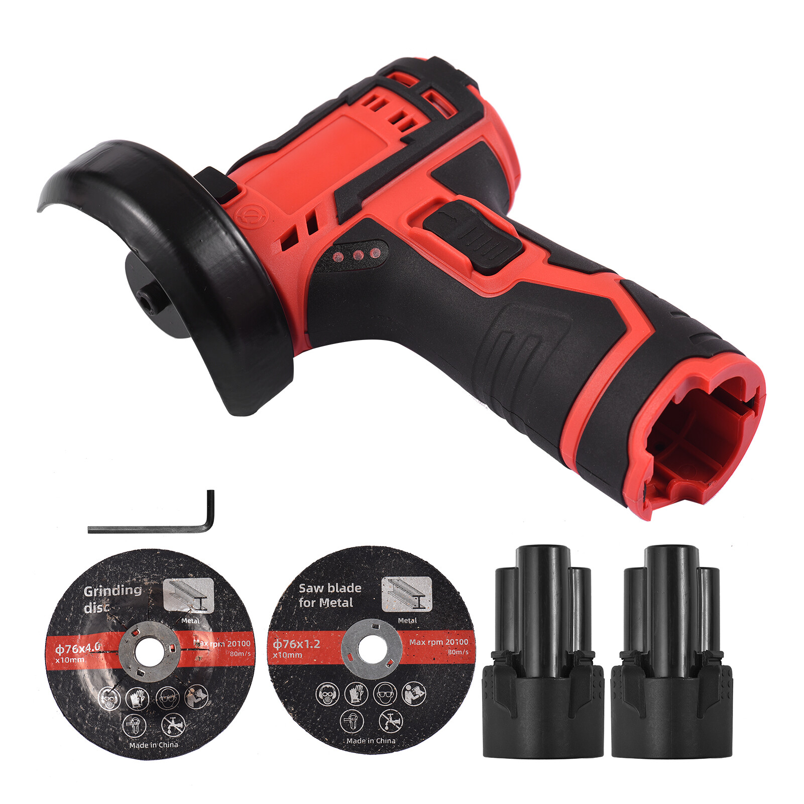 KKmoon 12V Cordless Angle Grinder Kit Lightweight Angle Grinder Tool with 3Inch/76mm Ginding Disc 2PCS 2.0Ah Lithium-Ion Bat-tery & Charger Ergonomic Button Position for Reducing Hand Pressure Include Cutting and Grinding Disc