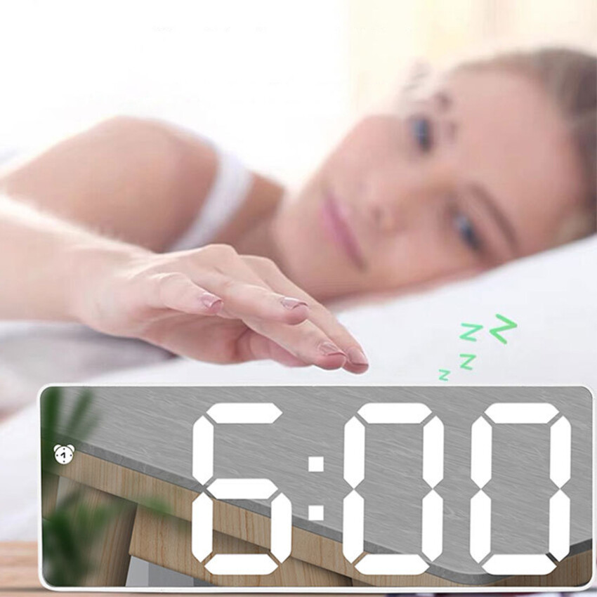 LED Mirror Large Screen Digital Clock Alarm Temperature Date Display 12/24H Anti-Disturb Multifunctional Bedroom Bedside Clock
