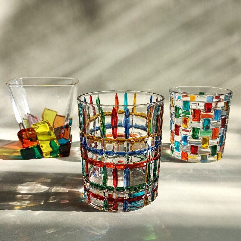 Hot Italian Designer Hand Painted Lines Crystal Whiskey Glass Cups