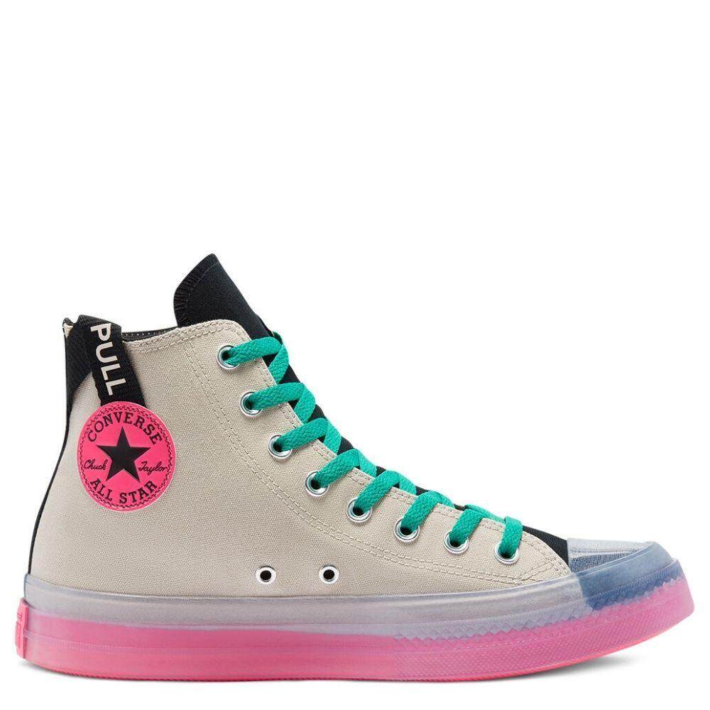 pink and black high top converse