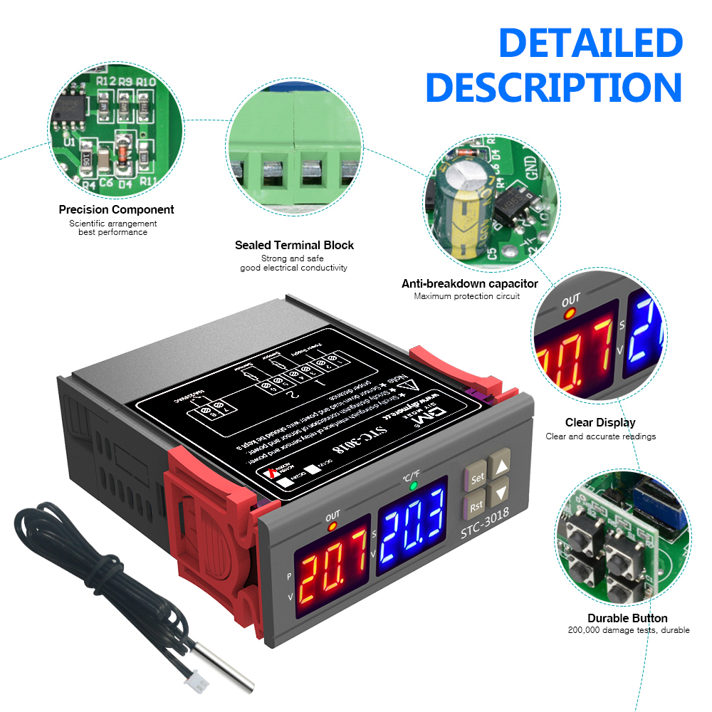 VOKTTA Bộ Điều Khiển Nhiệt Độ Chính Xác Cao STC-3018 Bộ Điều Nhiệt Màn Hình Kỹ Thuật Số Cảm Biến NTC AC110V-220V Phạm Vi Kiểm Soát Nhiệt Độ-55 ℃ ~ + 120 ℃ Đầu Ra Rơ Le
