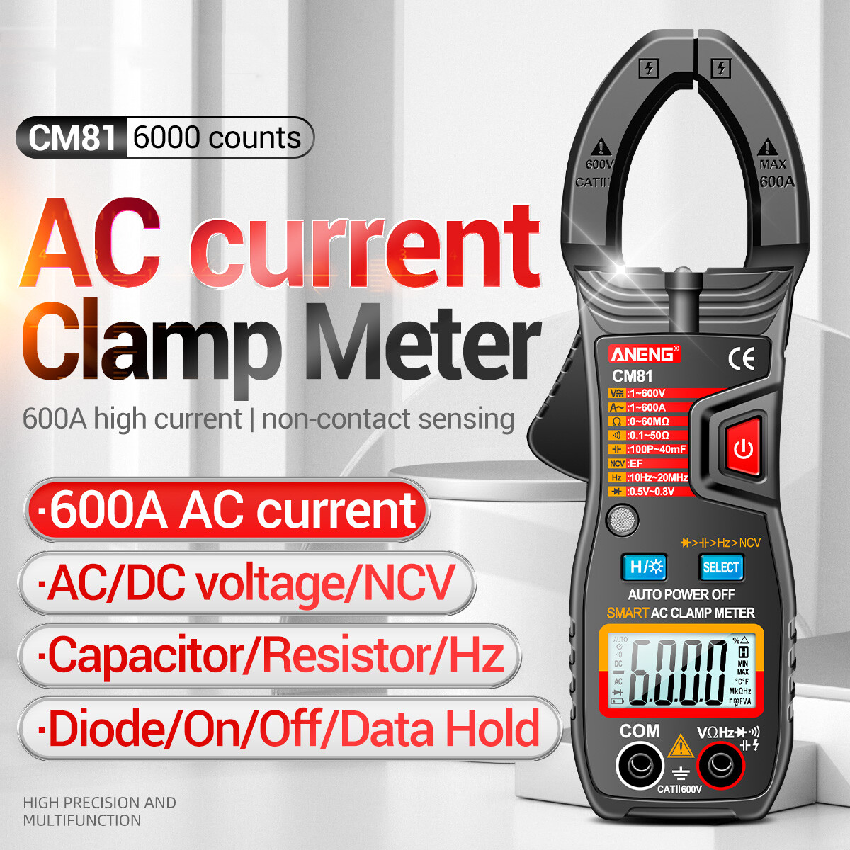 NANWEI ANENG Đồng Hồ Kẹp AC Thông Minh CM81 Đồng Hồ Vạn Năng Loại Kẹp Vôn Kế Phạm Vi Tự Động Đếm 6000 Ampe Kế 600A Đồng Hồ Đo Điện Trở Kèm Đèn Pin