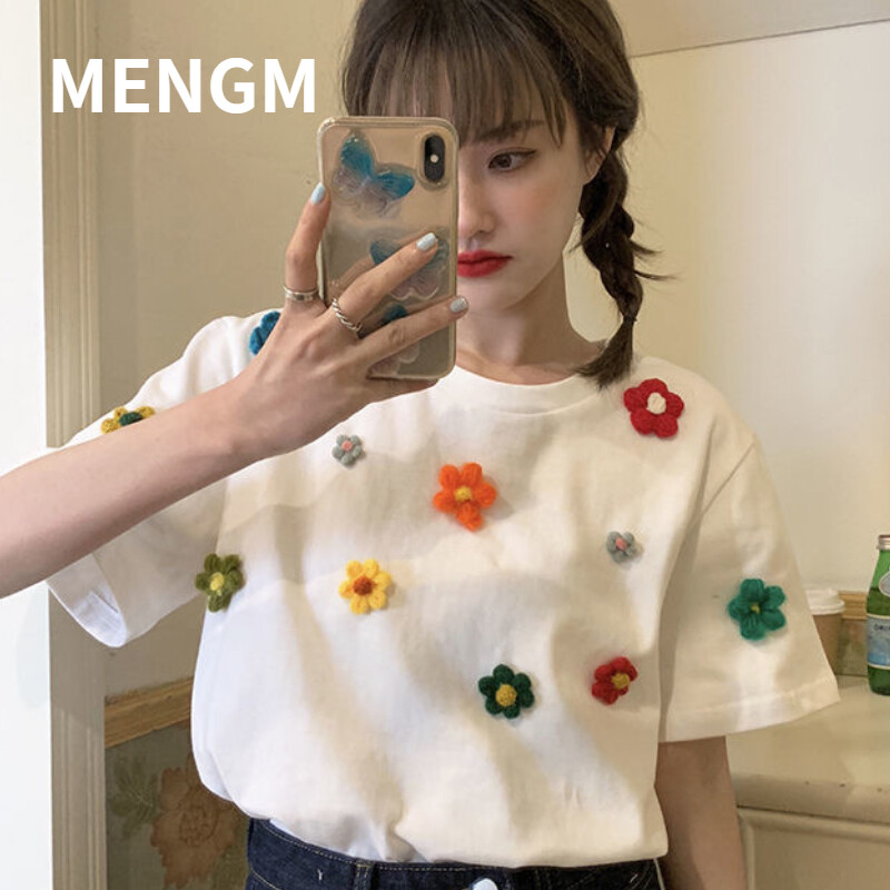 Sweet cotton t-shirt women's design sense three-dimensional flower short sleeves