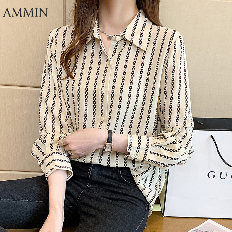 AMMIN Striped Printed Shirt For Women Long Sleeve Temperament Commuter Blouse For Lady Fashion Loose Wild Striped Top
