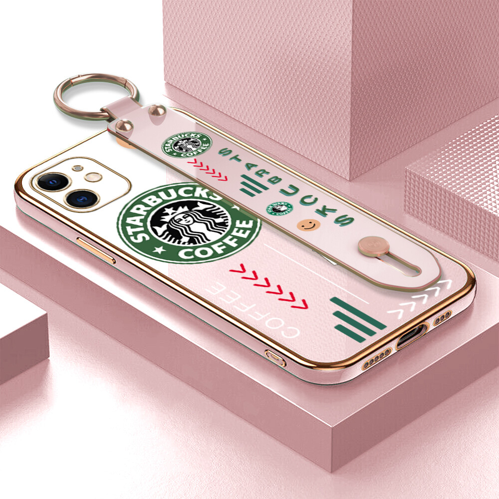 (With Wristband) Hontinga Casing Case For iphone 16 Pro Max Plus 5G 11 Pro Max 12 Mini 12 Pro Max 13 Mini 13 Pro Max Case Cartoon Cute Starbucks Luxury Chrome Plated Soft TPU Square Phone Case Full Cover Camera Protection Anti Gores Rubber Cases For Girls