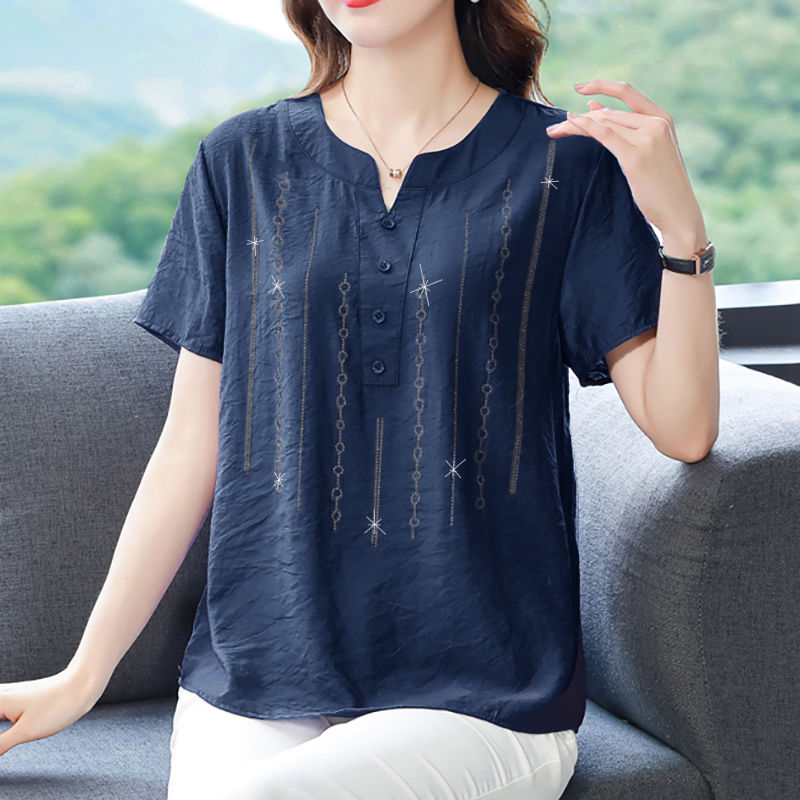 ผ้าไหมน้ำแข็งบางแขนสั้นเสื้อยืดผู้หญิงฤดูร้อนใหม่ร้อนเจาะคอวีเสื้อขนาด ...