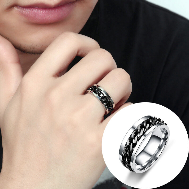 Size7-11 Silver Gold Black Cool Rotatable Chain Ring For Men Women Stainless Steel Flexible Spinner Link Casual Fraternal Rings Male Jewelry