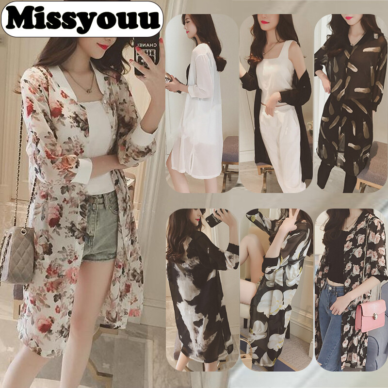 Missyouu Women Summer Boho Beach Kimono Three Quarter Sleeve Thin Chiffon Cardigan