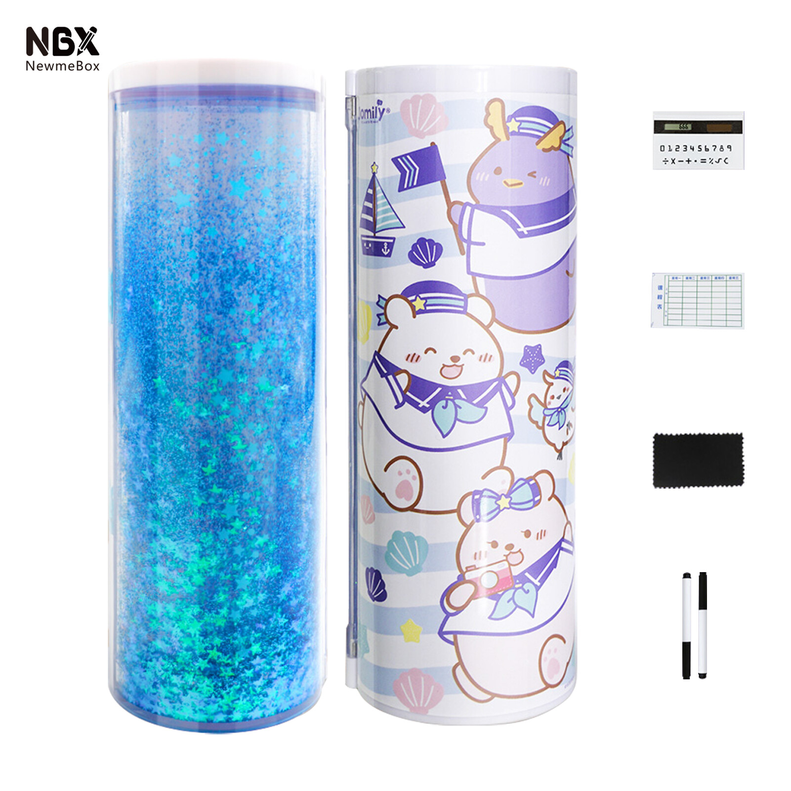 Hộp Bút Chì NBX, Hộp Đựng Bút Chì Cát Chảy Đứng Đa Năng Túi Đựng Bút Dễ Thương Hình Trụ Hai Lớp Có Gương Sổ Tay Xóa Được Máy Tính Hộp Đựng Văn Phòng Phẩm Dung Lượng Lớn Dành Cho Học Sinh Trẻ Em
