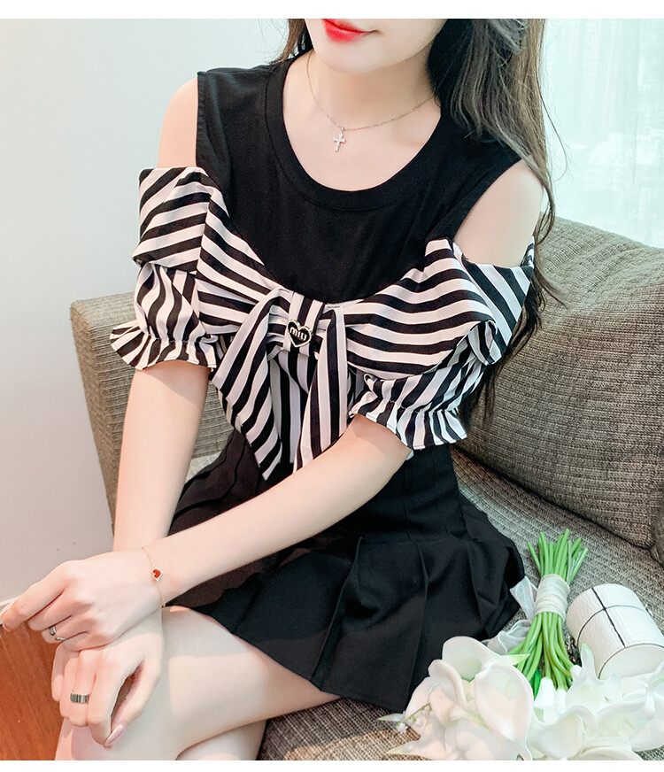 2023 Summer New Bow Tie Off Shoulder Short Sleeve Top