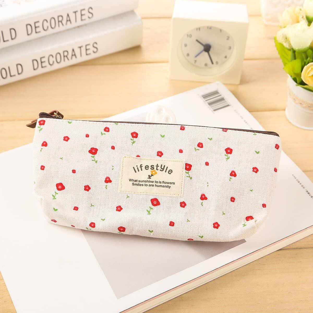 Small Fesh Floral Pencil Case High Quality Canvas Pencil Case Creative Storage Bag Student Stationery Bag