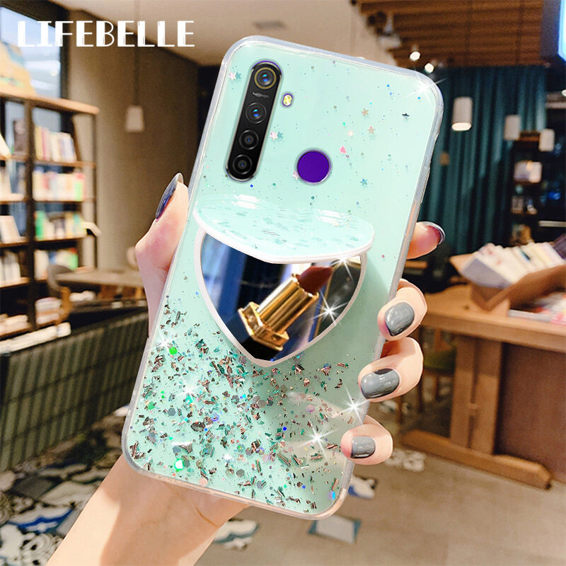 Ốp Viền Bảo Vệ LIFEBELLE Cho Nữ, Ốp Gương Trang Điểm Có Chân Đứng Lấp Lánh Ánh Kim Tuyến Hình Trái Tim, Mềm Dẻo, TPU, Chống Va Đập, Dành Cho Realme 6i 6 6 Pro 5i 5S 5 Pro C11 C3 X3 cover Quay Lại