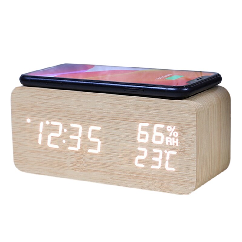 Digital Alarm Clock, Temperature and Humidity Alarm Clock LED Electronic Clock Smartphone Wireless Charger