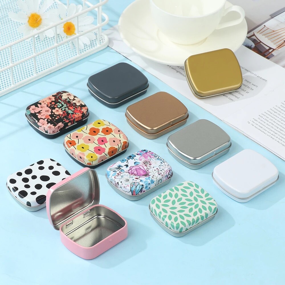 Mini Metal Hinged Tin Box with Lid Rectangular Container Portable Small Storage Container Kit Candy Pill Cases for Home Organizer