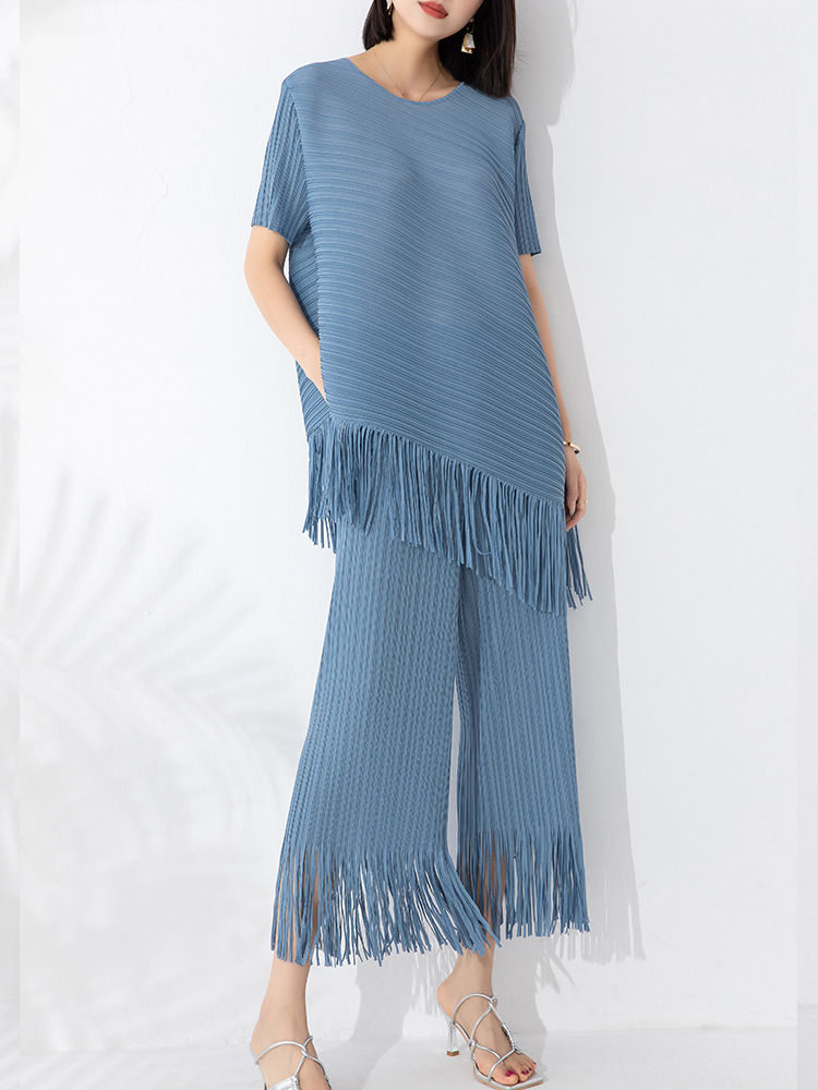 Pleated Elegant Lady Suit Women's round Neck Oblique Tassel Pullover Top High Waist Drooping Tassel Wide Leg Pants #Rs20230292