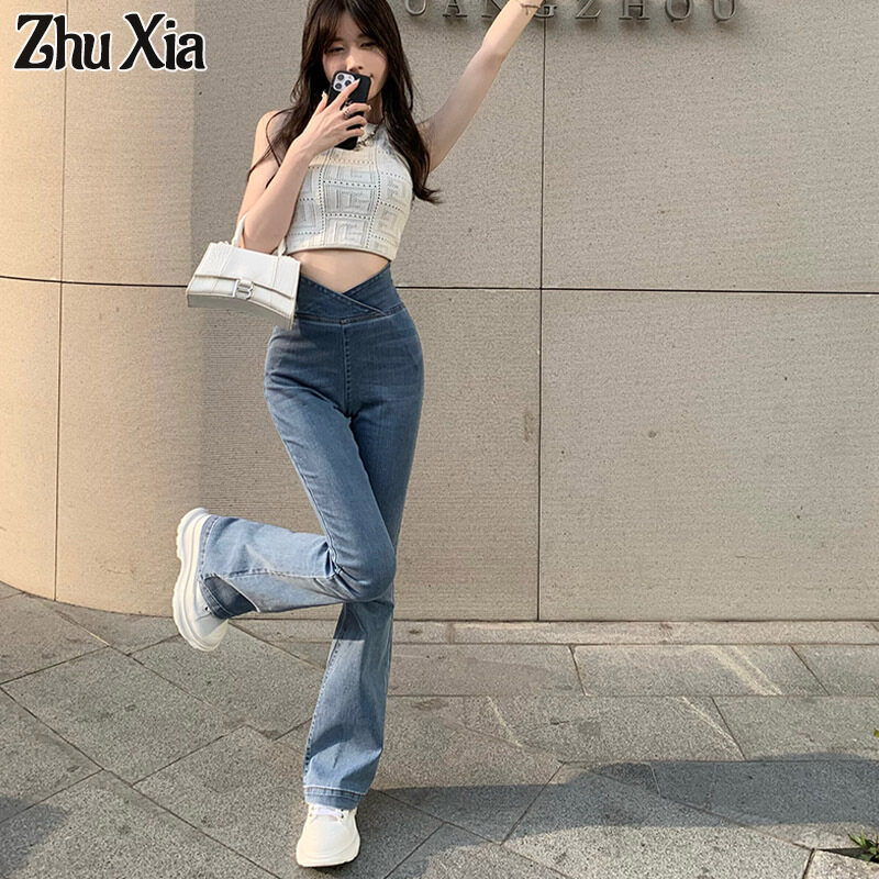 Zhu Xia Plus Size Slightly Fat High Waist Hip Lifting Slim Jeans Female Stretch Slim Flared Pants