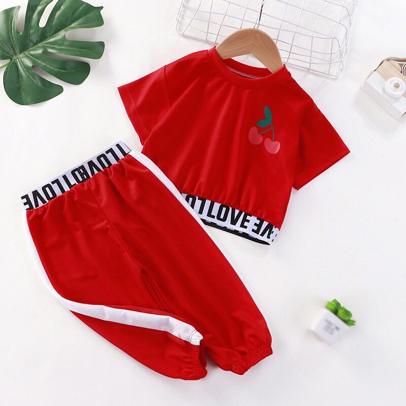 KTtrade 1-10Years Children Summer Suit Fashionable Leakage Navel Letter Print Short Seeve Round Neck Tops +Trousers Two Piece Set