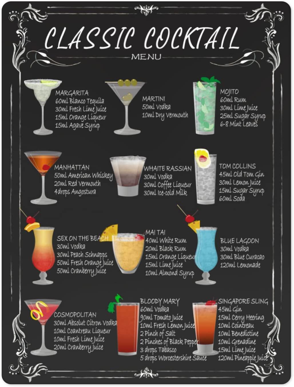 Vintage Classic Cocktail Recipe Guide Metal Tin Sign Retroe Cocktail ...