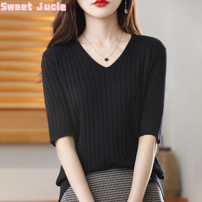 Áo Thun Nữ Sweet Juice Tay Áo 3/4 Hàn Quốc Cổ Tim Bó Sát Áo Thun Dệt Kim Ngắn Tay Cho Nữ