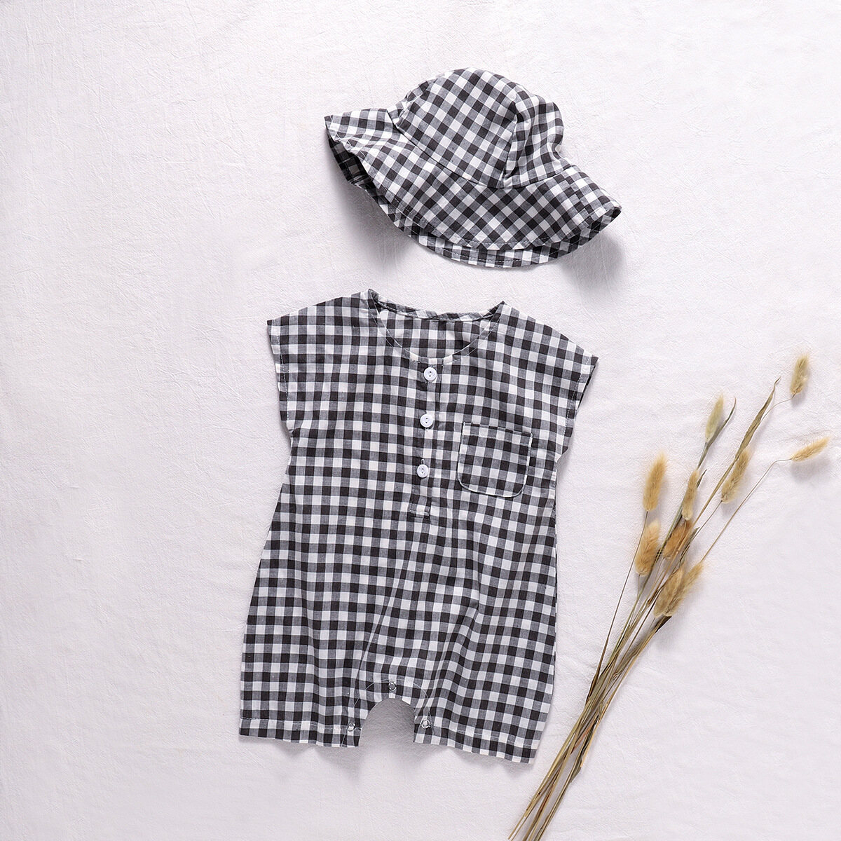 Baby Plaid Vest Romper + Hat Set Newborn infant Boys Girls Pockets Onesies Jumpsuit Bodysuit Summer Clothes Outfits 0-24 Months