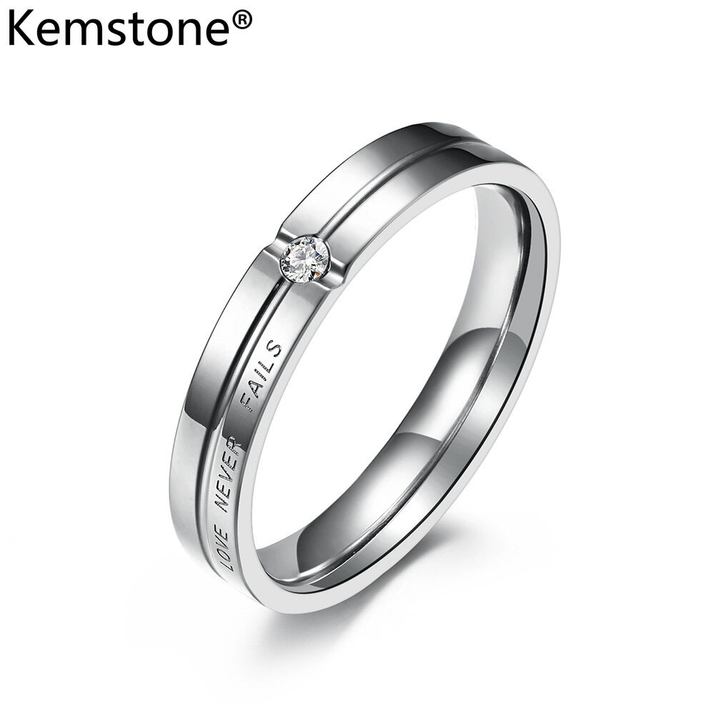 Kemstone Romantic Stainless Steel Crystal Love Never Fails Male Black Silver Color Ring Jewelry Gift for Men Women Size 5-12