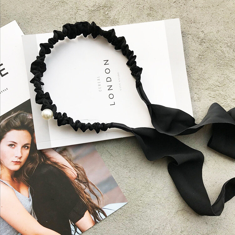 1PCS Vintage Women Headband with Long Ribbon Pave Pearls Elastic Solid Color Solid Hairband Summer Korean Fashion Hair Accessories