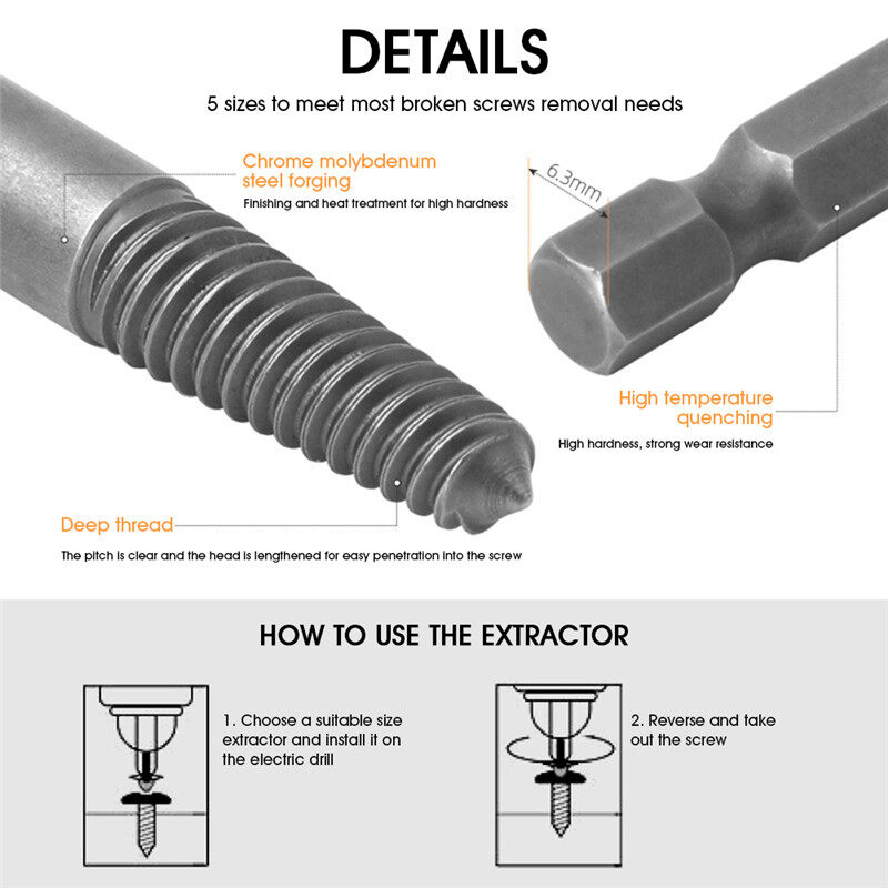 5pcs Hex Screw Extractors Broken Damaged Screw Extractor Drill Bit Guide Set Broken Bolt Remover Easy Out Set Metalworking Tools