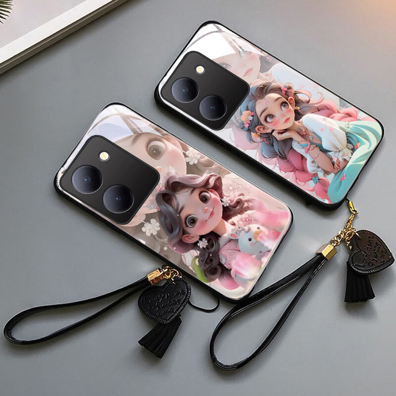 VIVO Y36 5G Phone Case VIVO Y27 5G Case Y36 V27 V29 V29E V27E Casing Luxury Liquid Tempered Glass Cover Cute Cartoon Runway Princess Lens Camera Protection Shockproof Phone Shell With Cute Lovely Heart Hand Strap Lanyard