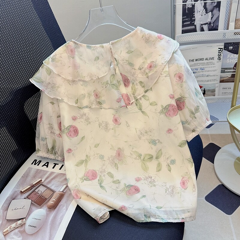 Super Mall South Korea 2023 Spring/Summer Nile Garden Shirt Women's French Ruffle Top Fragmented Short Sleeve Blouse