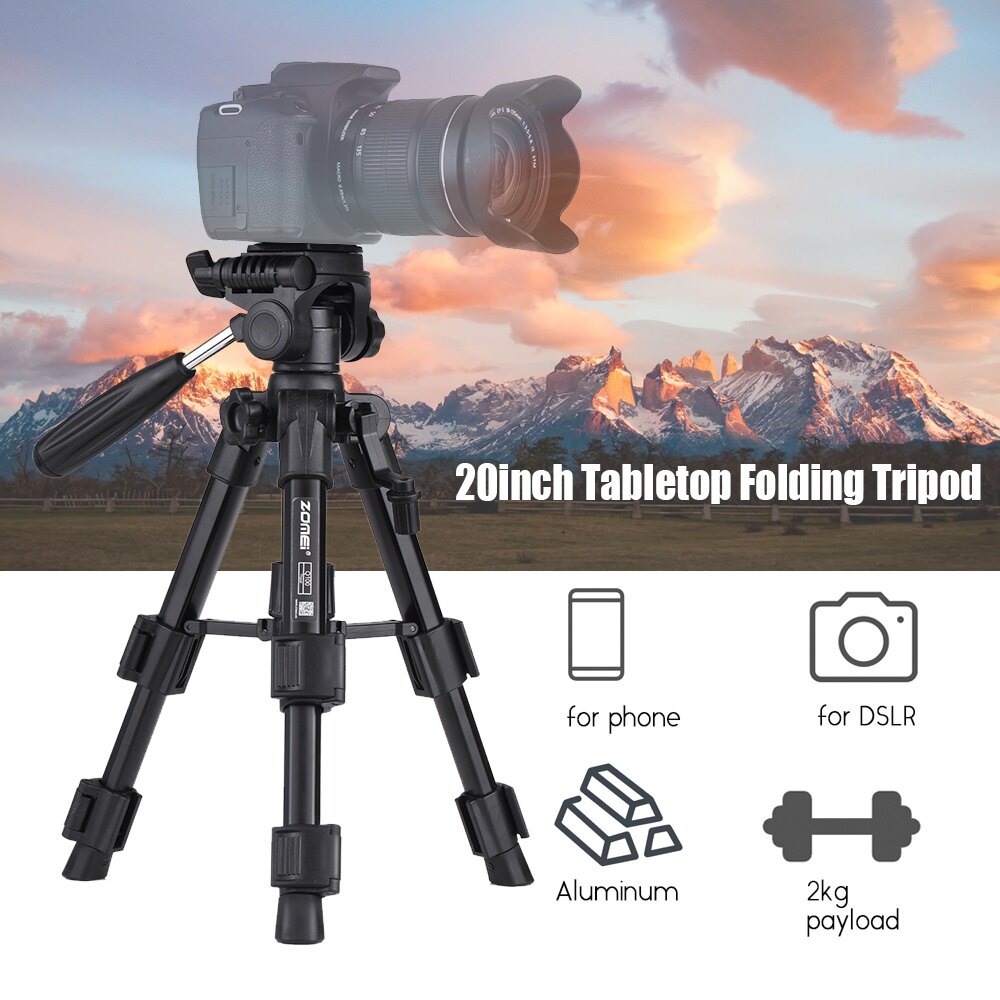 ZOMEI Q100 20inch Tabletop Folding Tripod with Quick Release Plate Storage Bag Black