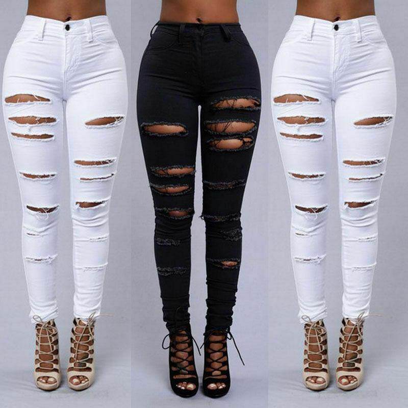Women's High Waist Denim Pants Distressed Ripped Skinny Leg Jeans Long Trouser