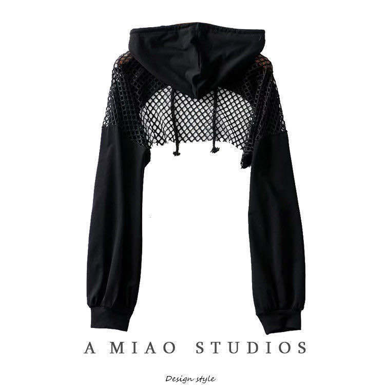 Women Hollow Mesh Stitching Coat Hooded Loose Long-sleeved Outer Sweater Blouse