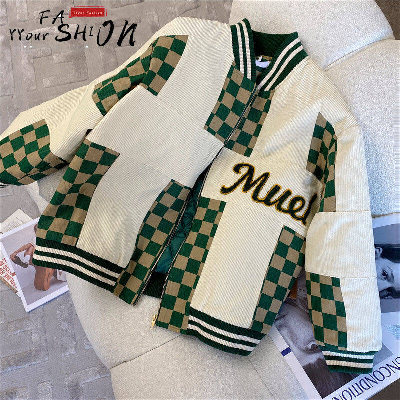 Retro Vintage Plaid Stitching Corduroy Jacket Men's Baseball Uniform Bomber Jackets