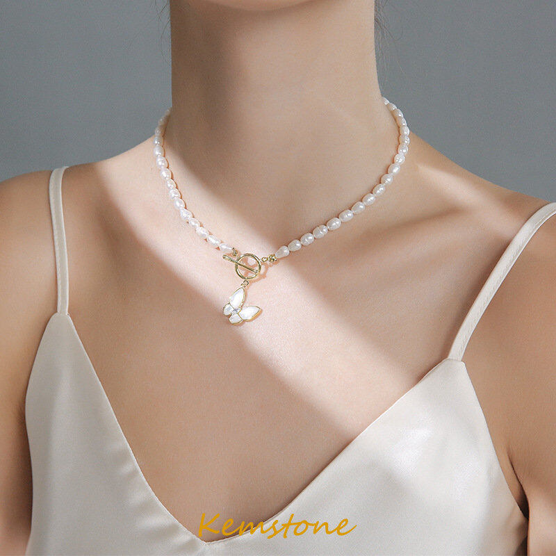 Kemstone New Arrival Baroque Style Small Freshwater Pearl Butterfly Pendant Necklace Jewelry for Women Elegant Jewelry Gift