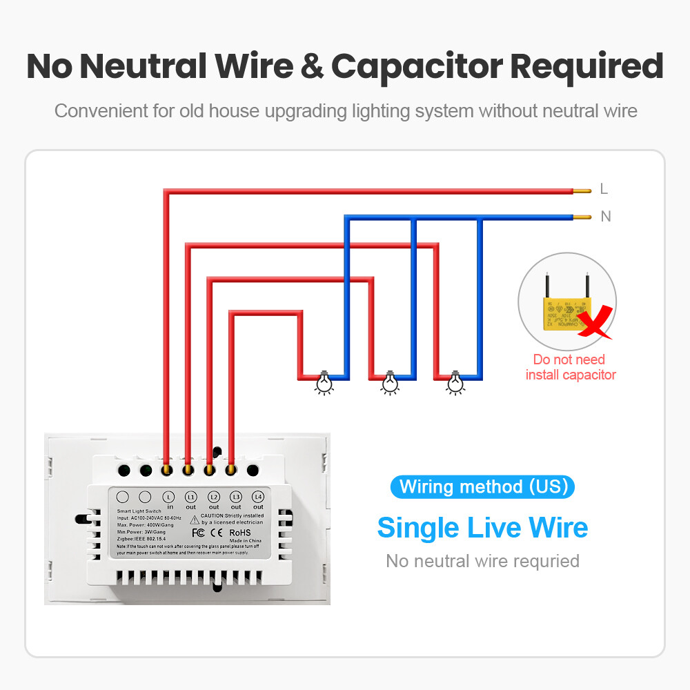 E Life Smart Store Tuya Zigbee US Smart Switch No Neutral Wire Required 1/2/3 Gang Light Touch Switch Voice Control Wall Light Switch US Standard Light Switch AC 100-240V Smart Switch Use With ZIgbee Hub