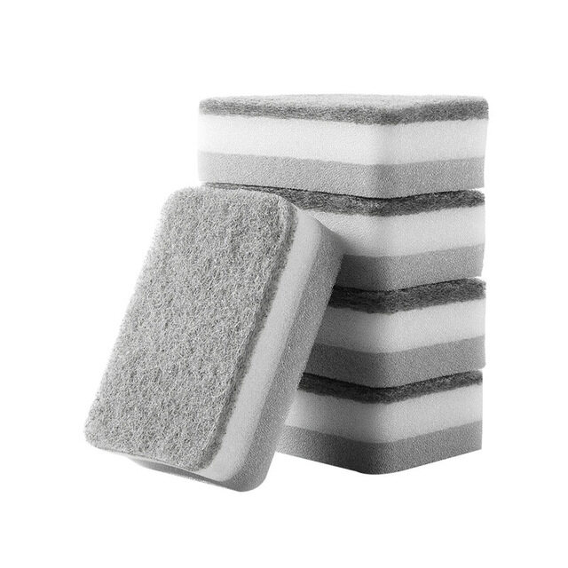 5pc / set Double Side Sponge Scrub Pot Dishwashing Magic Mop Kitchen Household Cleaning Three Layer Sponge Scrubbing Pad
