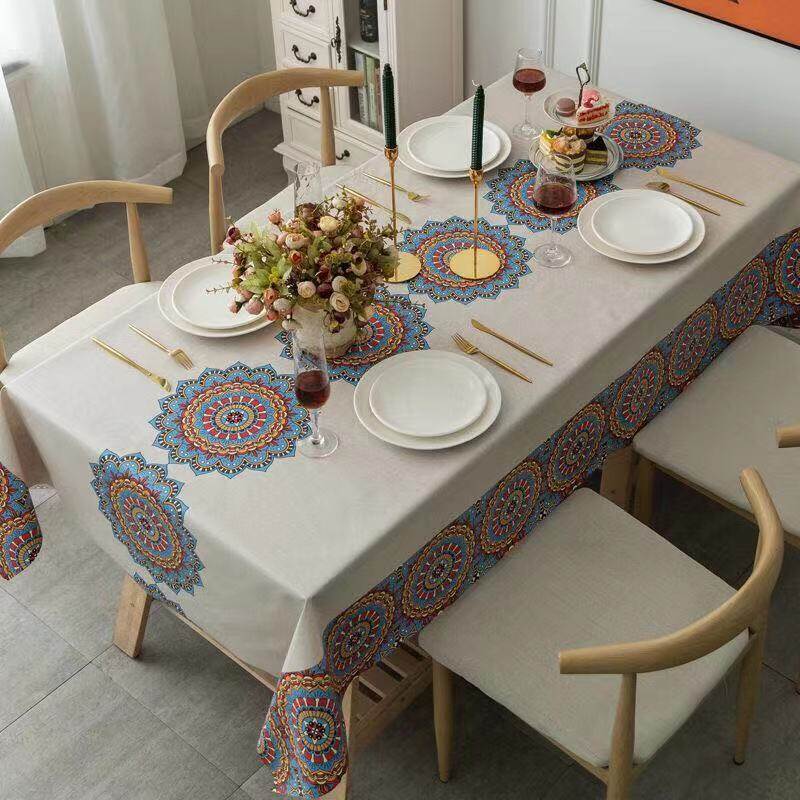 Lovehome Exquisite Print PVC Tablecloth 2 4 6 8-Seater Rectangular Dining Table Cloth Waterproof Oilproof Table Cover