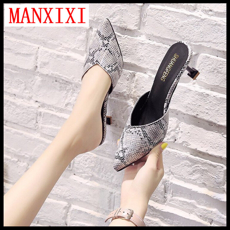 MANXIXI Brand Fashion Sexy Beautiful Shoes Mules Slippers Pumps High Heels 2.76 Inches Snake Skin Pattern Sandals For Women (35-40 Size)