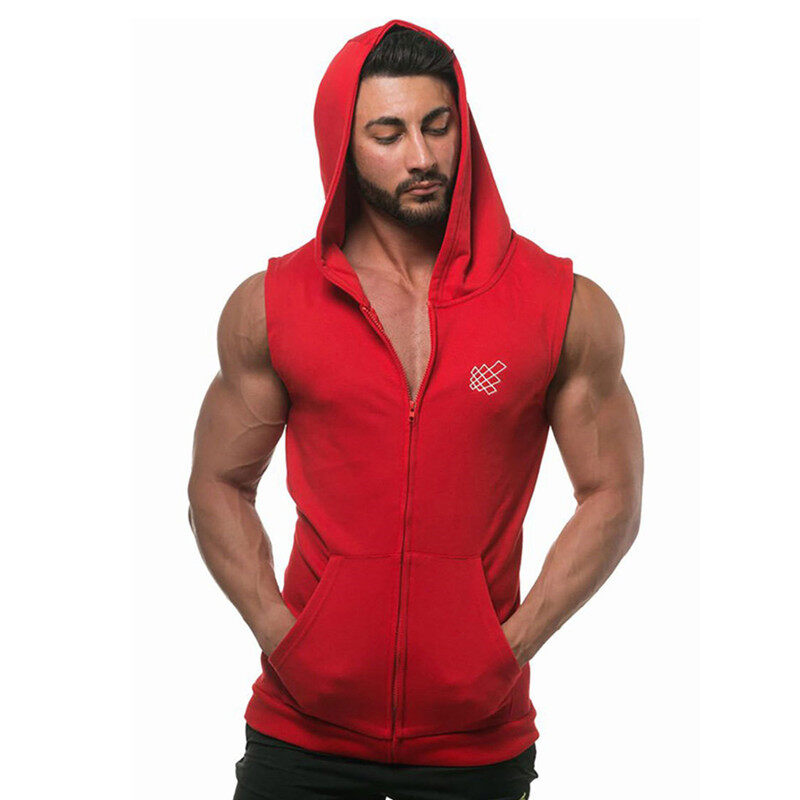 Happybuyner Men's Workout Hooded Tank Tops Sleeveless Zip Up Bodybuilding Muscle fit Training Gym Vest Hoodies Coat