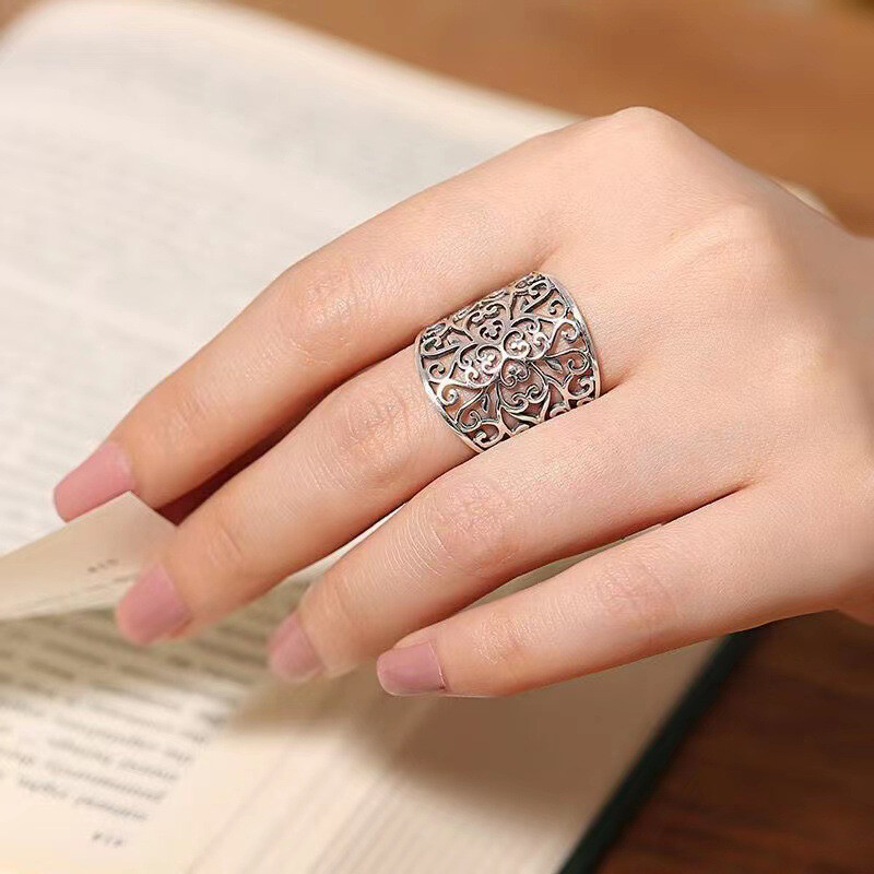 Ring Thailand Women's Vintage Silver Open Ring Wide Face Fashion Ring
